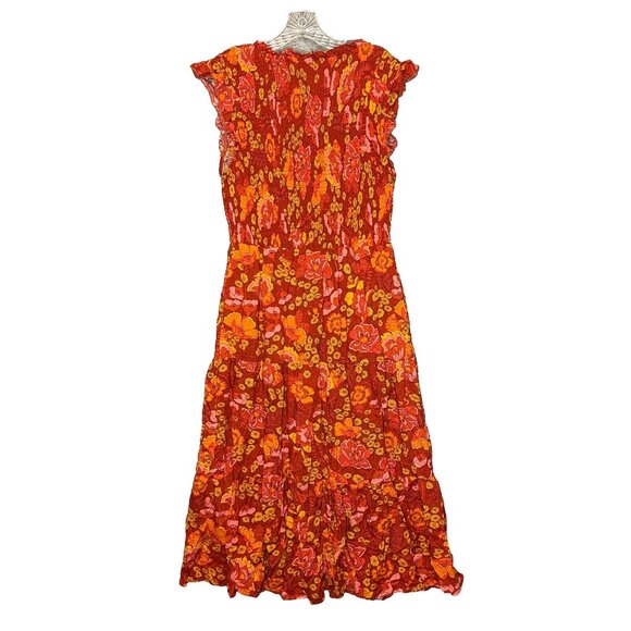 Women Colorful Floral 90s Retro Hippie Boho Girly Smocked Tiered Maxi Dress L - Picture 2 of 14